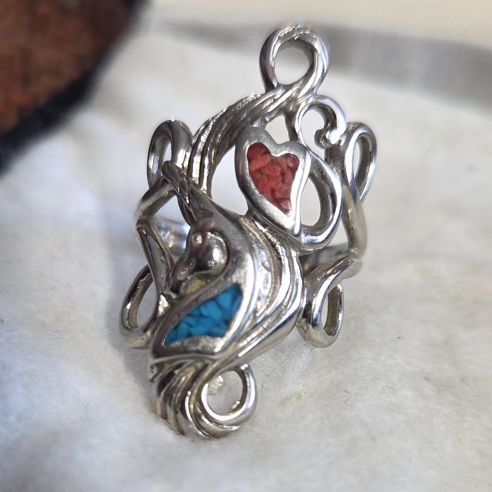 Silver Heart Ring with Red and Blue Accents